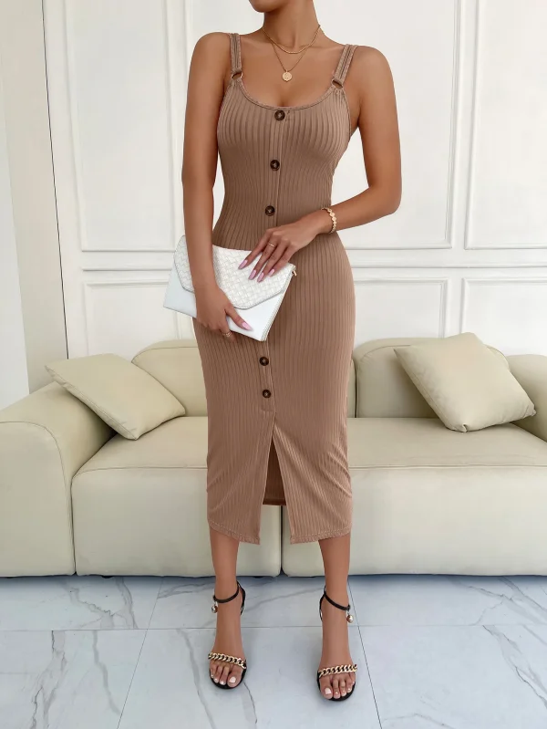Elegant O-Neck Backless Slim Knitted Slit One Step Skirt Vestidos Dress - Image 15