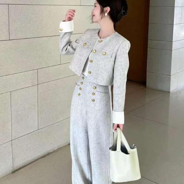 Elegant O-neck Long Sleeve Crop Jackets High Waist Wide Leg Pants 2 Piece Outfits - Image 2