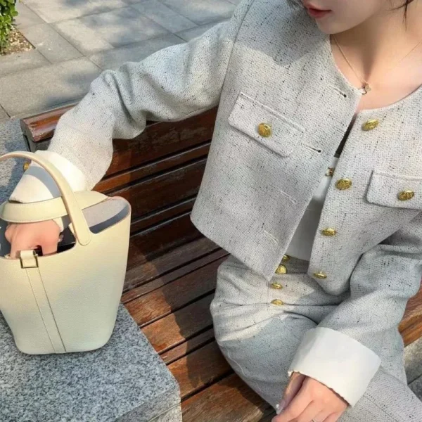 Elegant O-neck Long Sleeve Crop Jackets High Waist Wide Leg Pants 2 Piece Outfits - Image 5