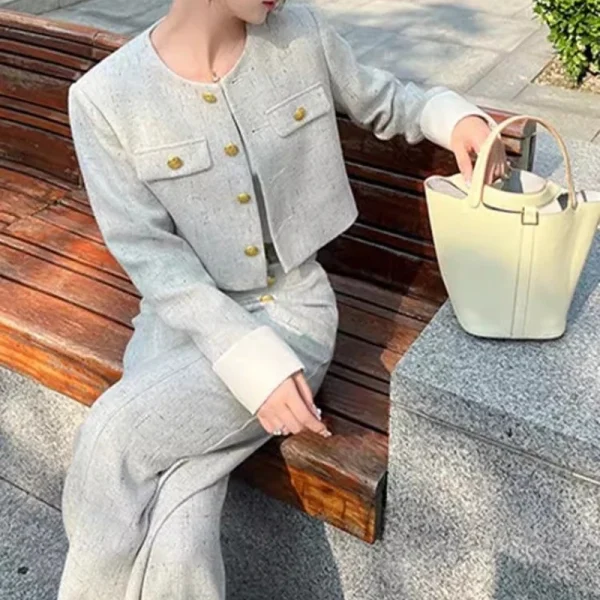 Elegant O-neck Long Sleeve Crop Jackets High Waist Wide Leg Pants 2 Piece Outfits - Image 3