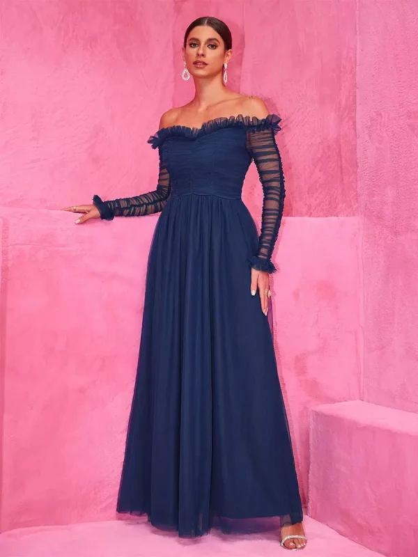Elegant Off-Shoulder With Sheer Sleeves Graduation Maxi Party Dress