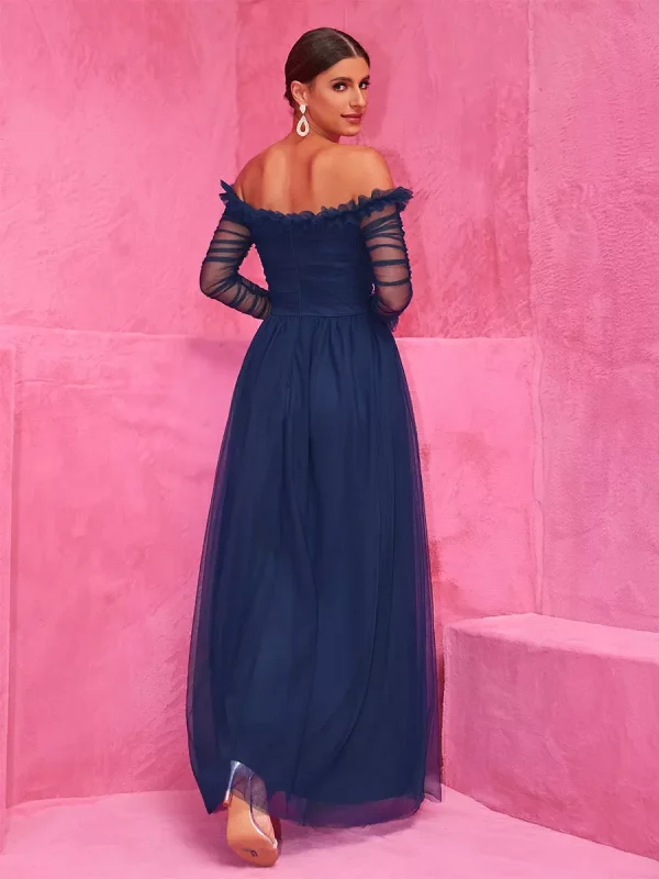 Elegant Off-Shoulder With Sheer Sleeves Graduation Maxi Party Dress - Image 5