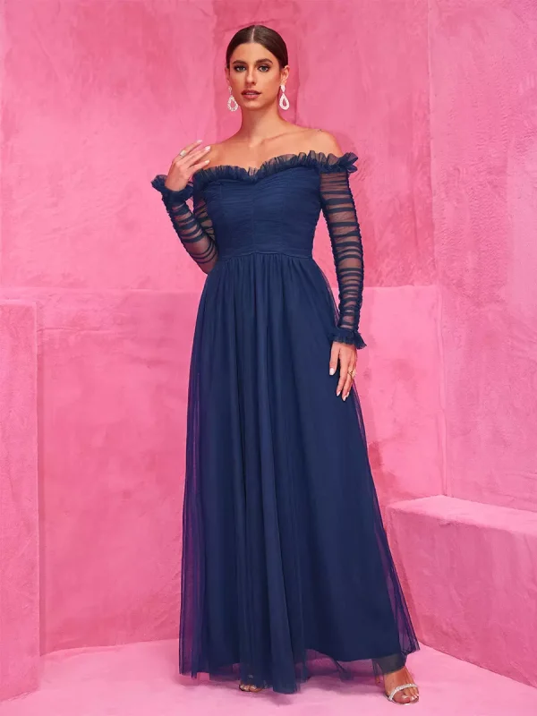 Elegant Off-Shoulder With Sheer Sleeves Graduation Maxi Party Dress - Image 2