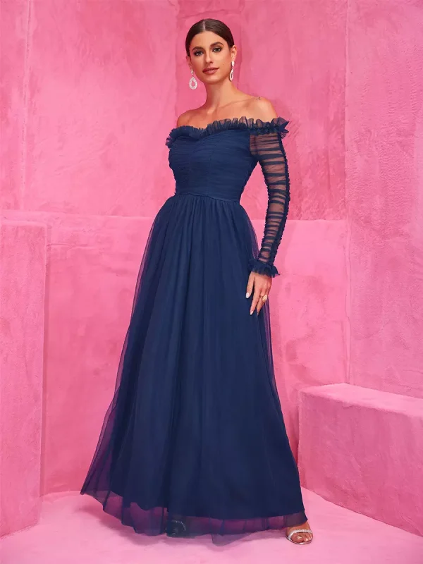 Elegant Off-Shoulder With Sheer Sleeves Graduation Maxi Party Dress - Image 3