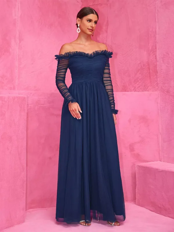 Elegant Off-Shoulder With Sheer Sleeves Graduation Maxi Party Dress - Image 4