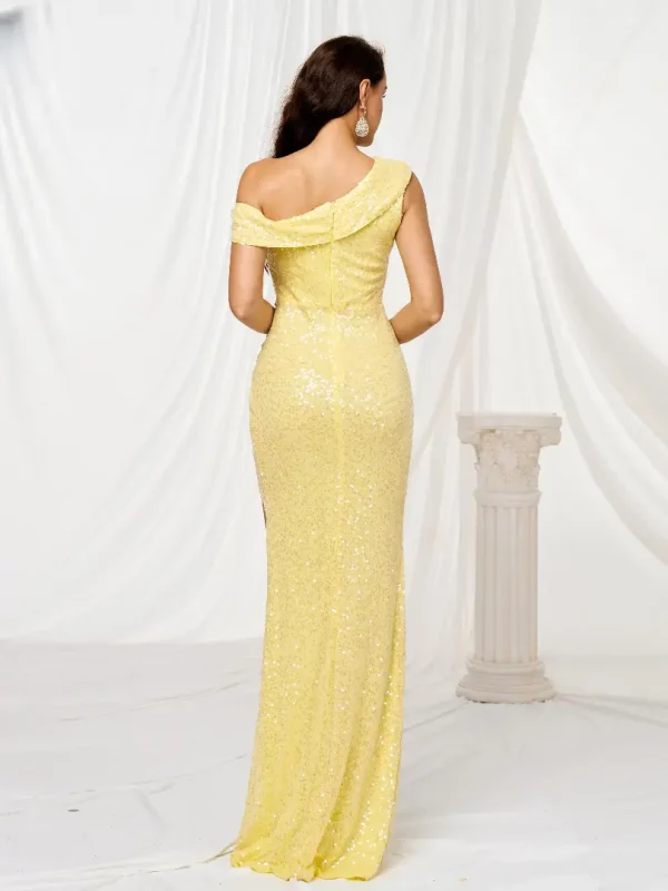 Elegant One Shoulder Asymmetrical Split Gown Formal Occasion Maxi Dresses - Image 6