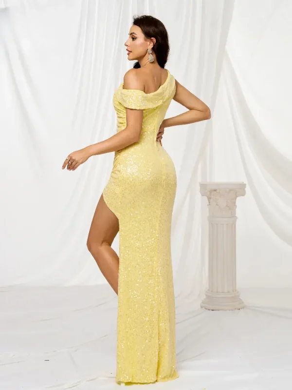 Elegant One Shoulder Asymmetrical Split Gown Formal Occasion Maxi Dresses - Image 5