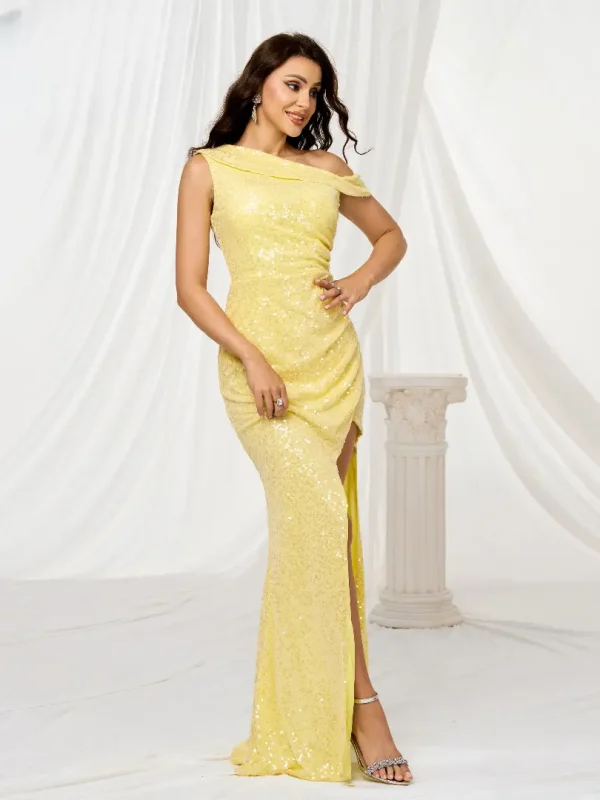 Elegant One Shoulder Asymmetrical Split Gown Formal Occasion Maxi Dresses - Image 3