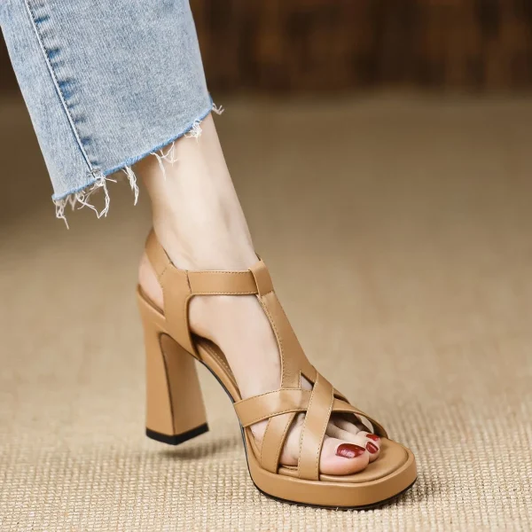 Elegant Open Toe Chunky Leather Platform High Heels Sandals - Image 2