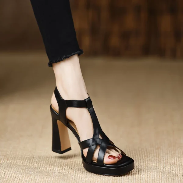 Elegant Open Toe Chunky Leather Platform High Heels Sandals - Image 4