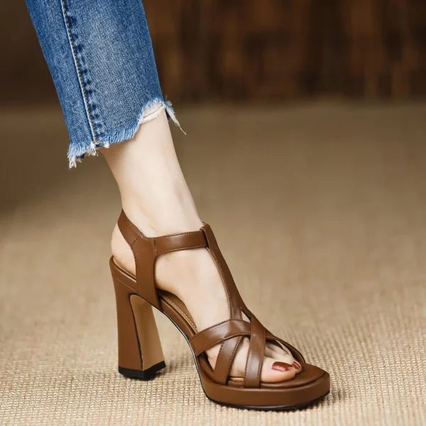 Elegant Open Toe Chunky Leather Platform High Heels Sandals - Image 8