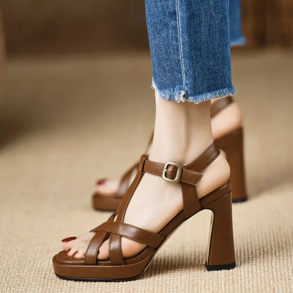 Elegant Open Toe Chunky Leather Platform High Heels Sandals - Image 6