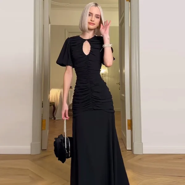 Elegant Patchwork Round Neck Sheer Pleated Short Sleeve Maxi Dress - Image 2