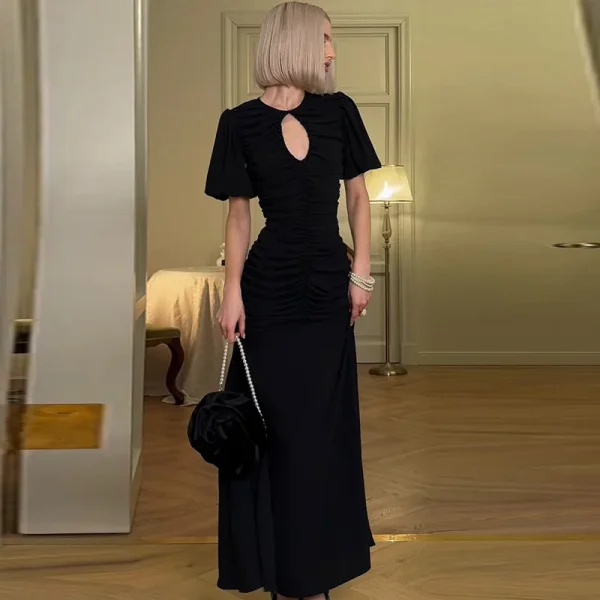 Elegant Patchwork Round Neck Sheer Pleated Short Sleeve Maxi Dress - Image 7