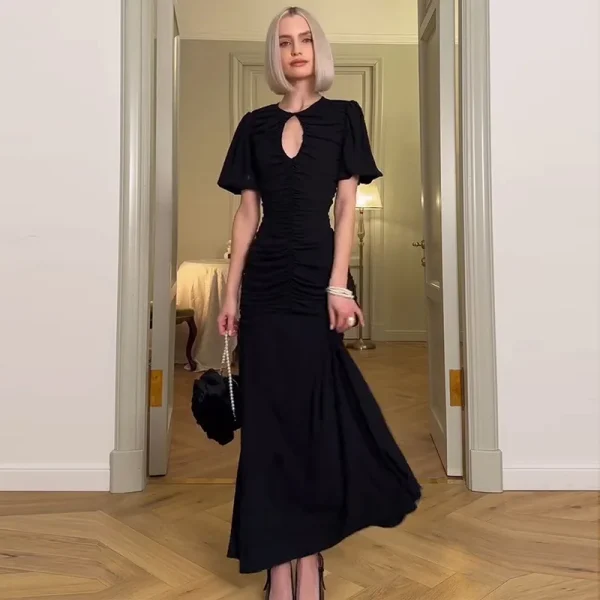 Elegant Patchwork Round Neck Sheer Pleated Short Sleeve Maxi Dress - Image 6