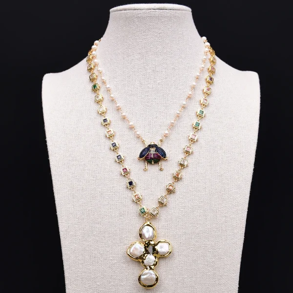 Elegant Pearl Rosary Chain Cubic Zirconia Chain Cz Charm Coin Pendant Necklace 2pcs Set - Image 3