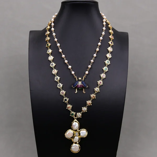 Elegant Pearl Rosary Chain Cubic Zirconia Chain Cz Charm Coin Pendant Necklace 2pcs Set - Image 4