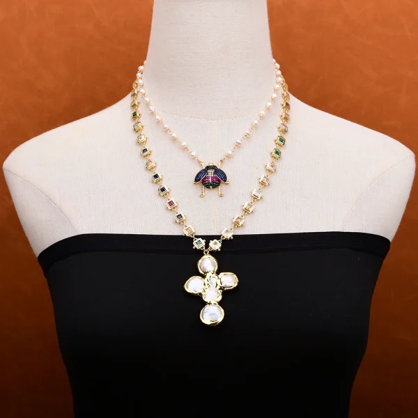 Elegant Pearl Rosary Chain Cubic Zirconia Chain Cz Charm Coin Pendant Necklace 2pcs Set - Image 5
