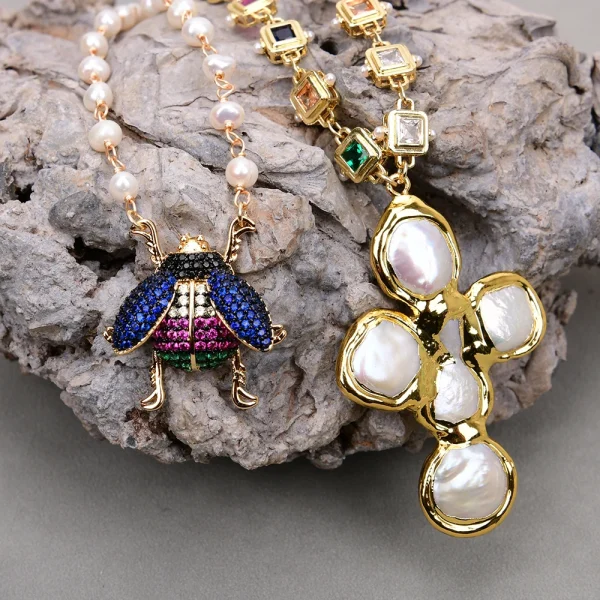 Elegant Pearl Rosary Chain Cubic Zirconia Chain Cz Charm Coin Pendant Necklace 2pcs Set - Image 7
