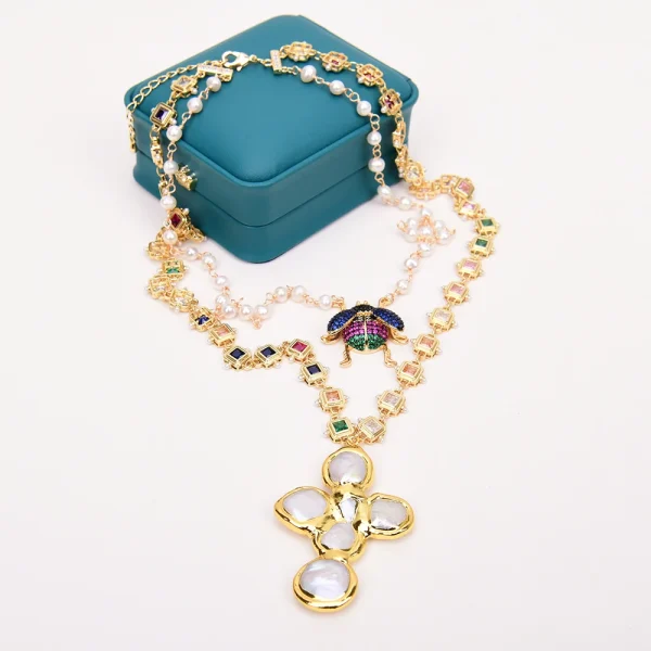 Elegant Pearl Rosary Chain Cubic Zirconia Chain Cz Charm Coin Pendant Necklace 2pcs Set - Image 8