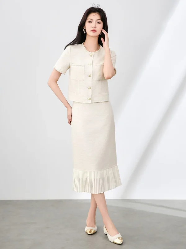Elegant Pearls Office Style Short Sleeve Top and Midi Skirt 2 Piece Set