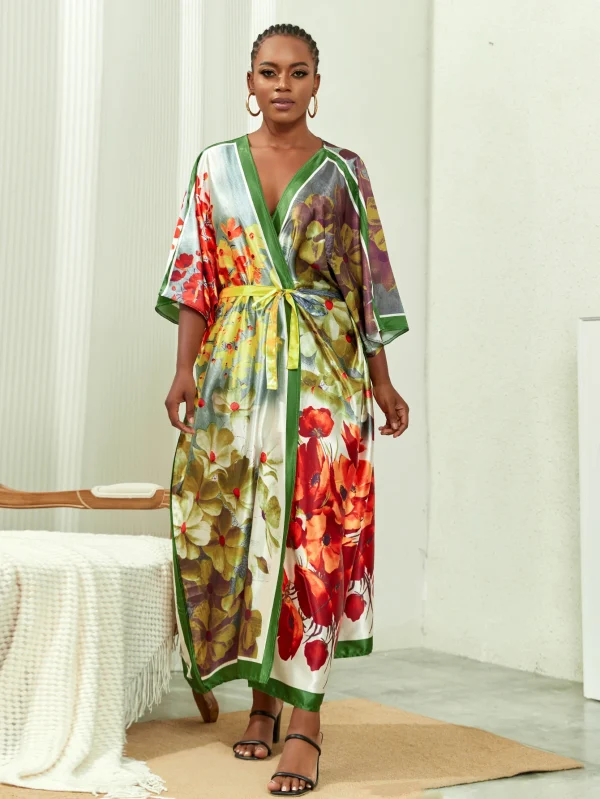 Elegant Plus Solid Satin Half Sleeve Open Front Belted Cover Up