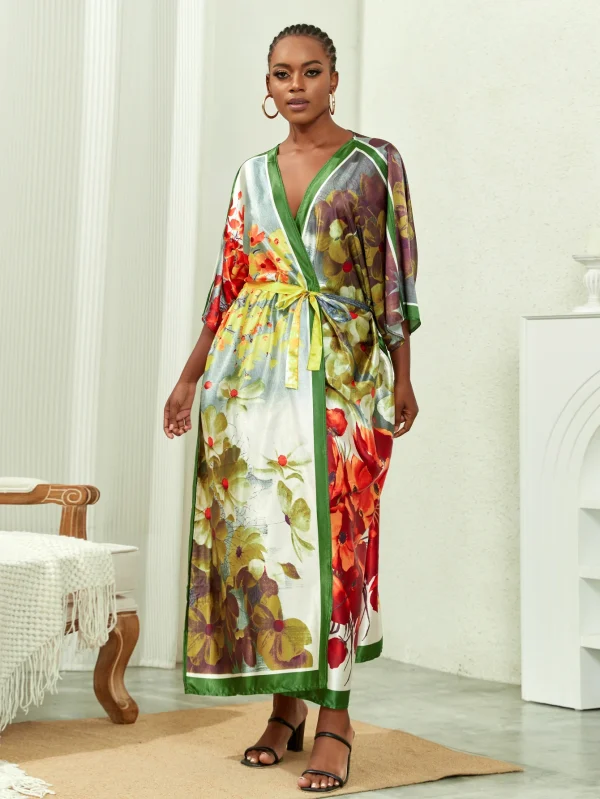 Elegant Plus Solid Satin Half Sleeve Open Front Belted Cover Up - Image 2