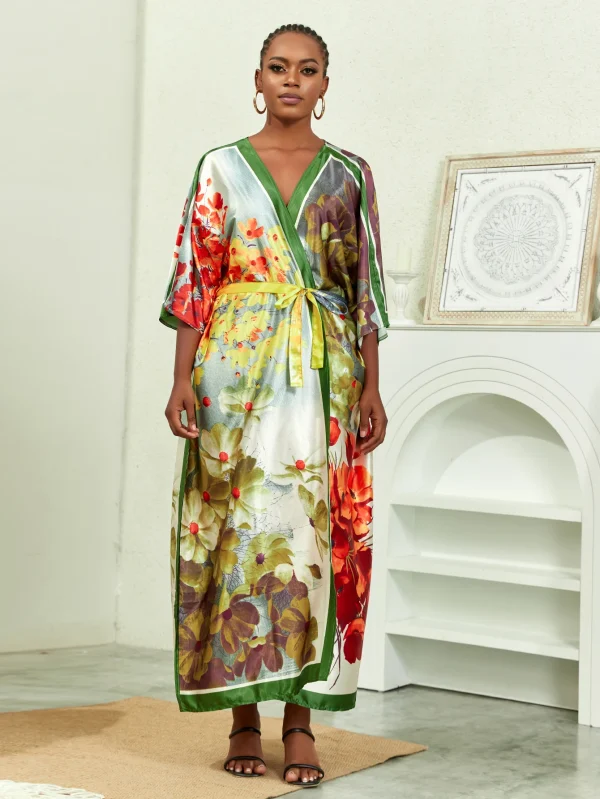 Elegant Plus Solid Satin Half Sleeve Open Front Belted Cover Up - Image 3