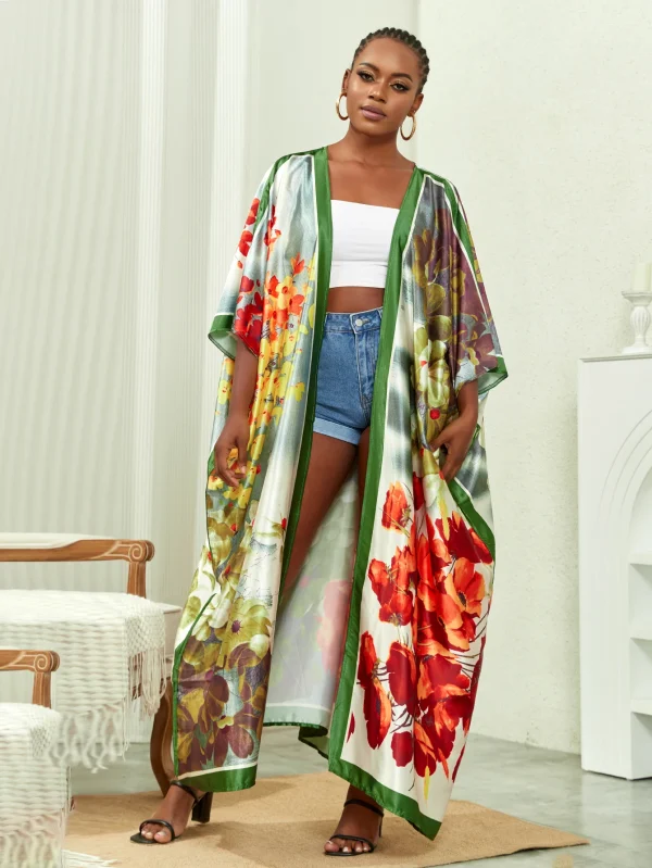 Elegant Plus Solid Satin Half Sleeve Open Front Belted Cover Up - Image 4