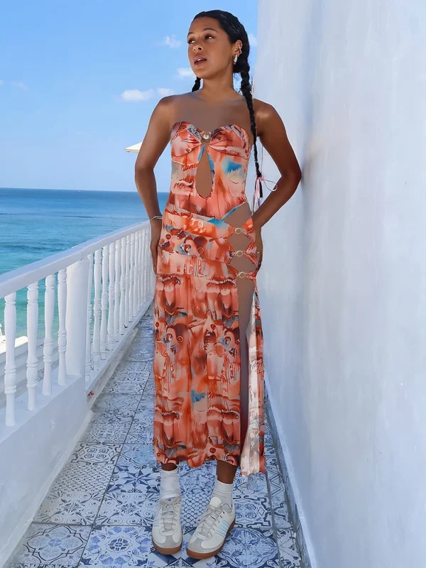 Elegant Print Off Shoulder Backless Irregular Hollow Rings Patchwork Splits Dress - Image 9