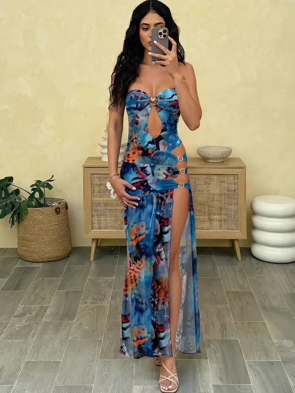 Elegant Print Off Shoulder Backless Irregular Hollow Rings Patchwork Splits Dress - Image 3