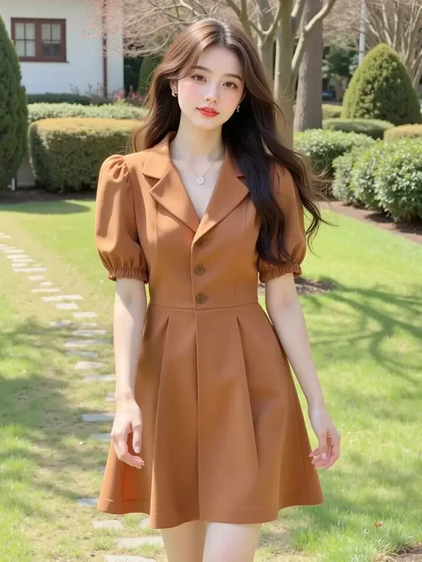 Elegant Puff Sleeves Waist-hugging and Slimming Versatile Blazer Mini Dress - Image 2