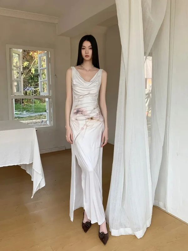 Elegant Retro Printed High-End Custom Stretch Fabric With Split Flower Watercolor Dress