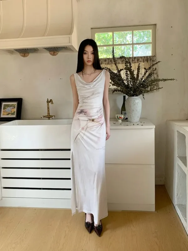 Elegant Retro Printed High-End Custom Stretch Fabric With Split Flower Watercolor Dress - Image 2
