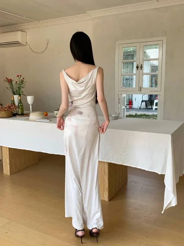 Elegant Retro Printed High-End Custom Stretch Fabric With Split Flower Watercolor Dress - Image 10