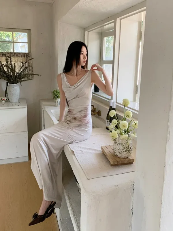 Elegant Retro Printed High-End Custom Stretch Fabric With Split Flower Watercolor Dress - Image 5