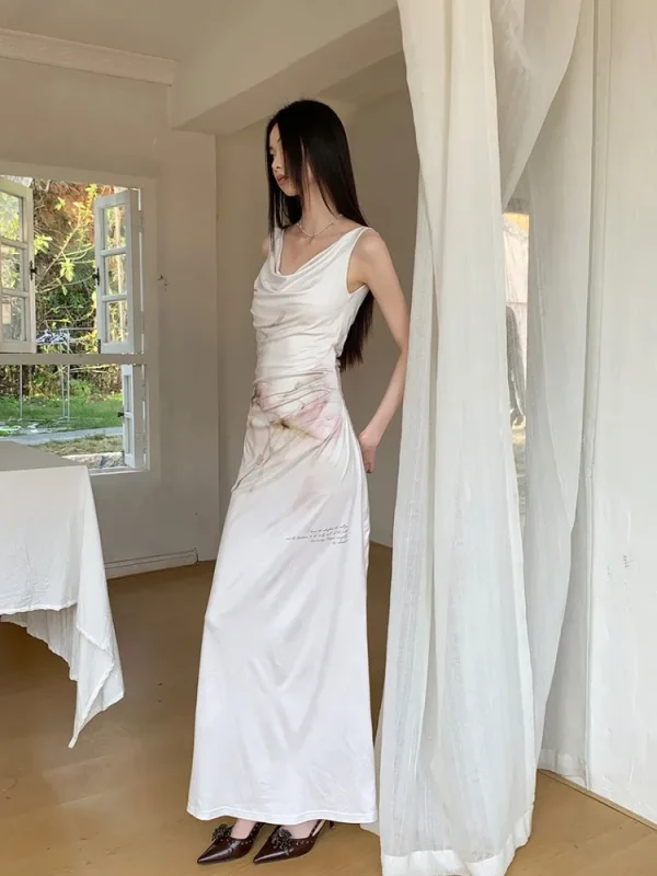 Elegant Retro Printed High-End Custom Stretch Fabric With Split Flower Watercolor Dress - Image 6