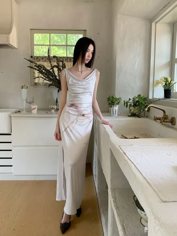 Elegant Retro Printed High-End Custom Stretch Fabric With Split Flower Watercolor Dress - Image 7