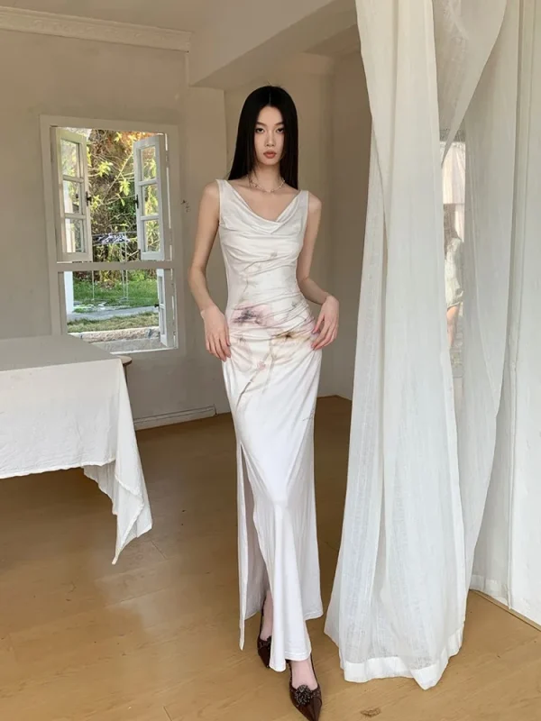 Elegant Retro Printed High-End Custom Stretch Fabric With Split Flower Watercolor Dress - Image 8
