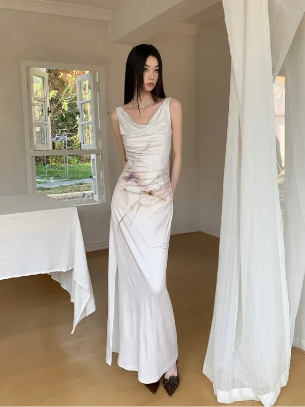Elegant Retro Printed High-End Custom Stretch Fabric With Split Flower Watercolor Dress - Image 4