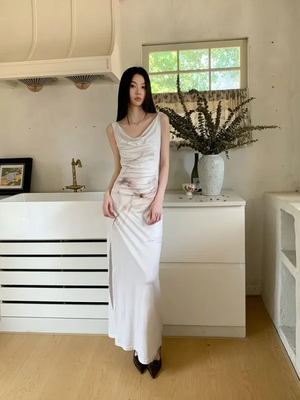Elegant Retro Printed High-End Custom Stretch Fabric With Split Flower Watercolor Dress - Image 3