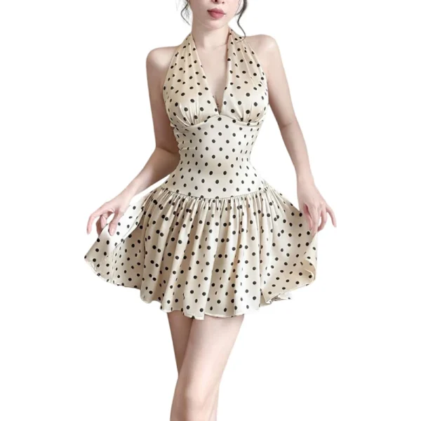 Elegant Ruched Polka Dots Print Halter Off Shoulder Backless Ruffles Mini Dress - Image 5