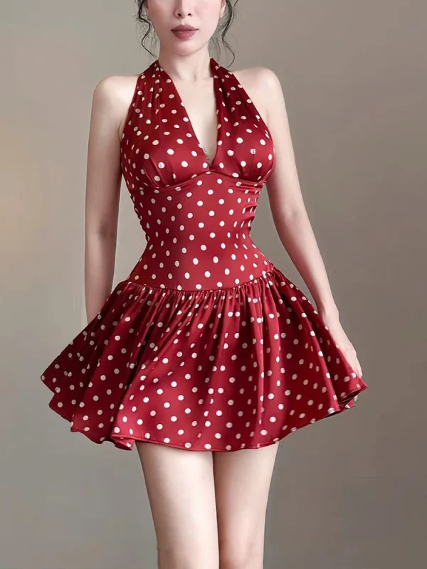 Elegant Ruched Polka Dots Print Halter Off Shoulder Backless Ruffles Mini Dress