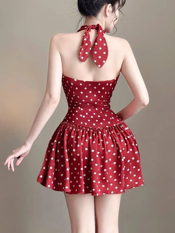 Elegant Ruched Polka Dots Print Halter Off Shoulder Backless Ruffles Mini Dress - Image 4