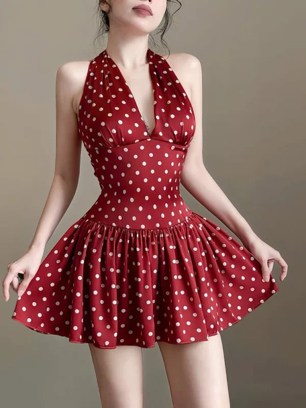 Elegant Ruched Polka Dots Print Halter Off Shoulder Backless Ruffles Mini Dress - Image 2