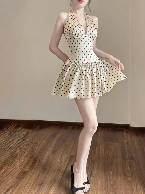 Elegant Ruched Polka Dots Print Halter Off Shoulder Backless Ruffles Mini Dress - Image 8