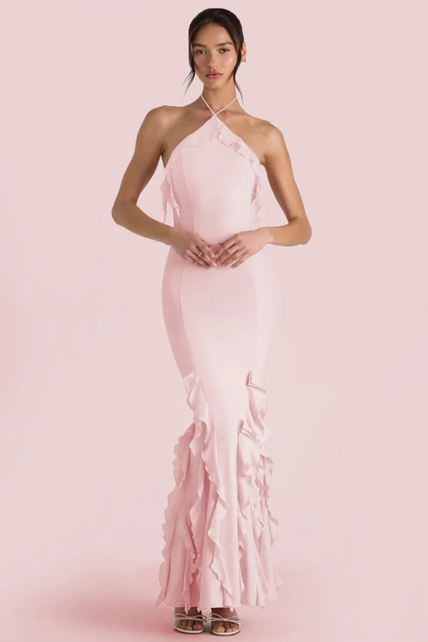 Elegant Ruffle Off Shoulder Backless Split Evening Party Maxi Dress