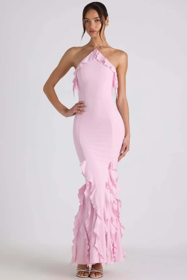Elegant Ruffle Off Shoulder Backless Split Evening Party Maxi Dress - Image 2