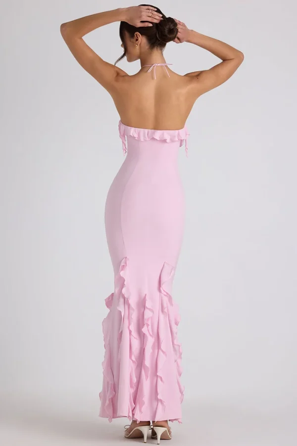 Elegant Ruffle Off Shoulder Backless Split Evening Party Maxi Dress - Image 5