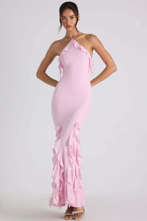 Elegant Ruffle Off Shoulder Backless Split Evening Party Maxi Dress - Image 3